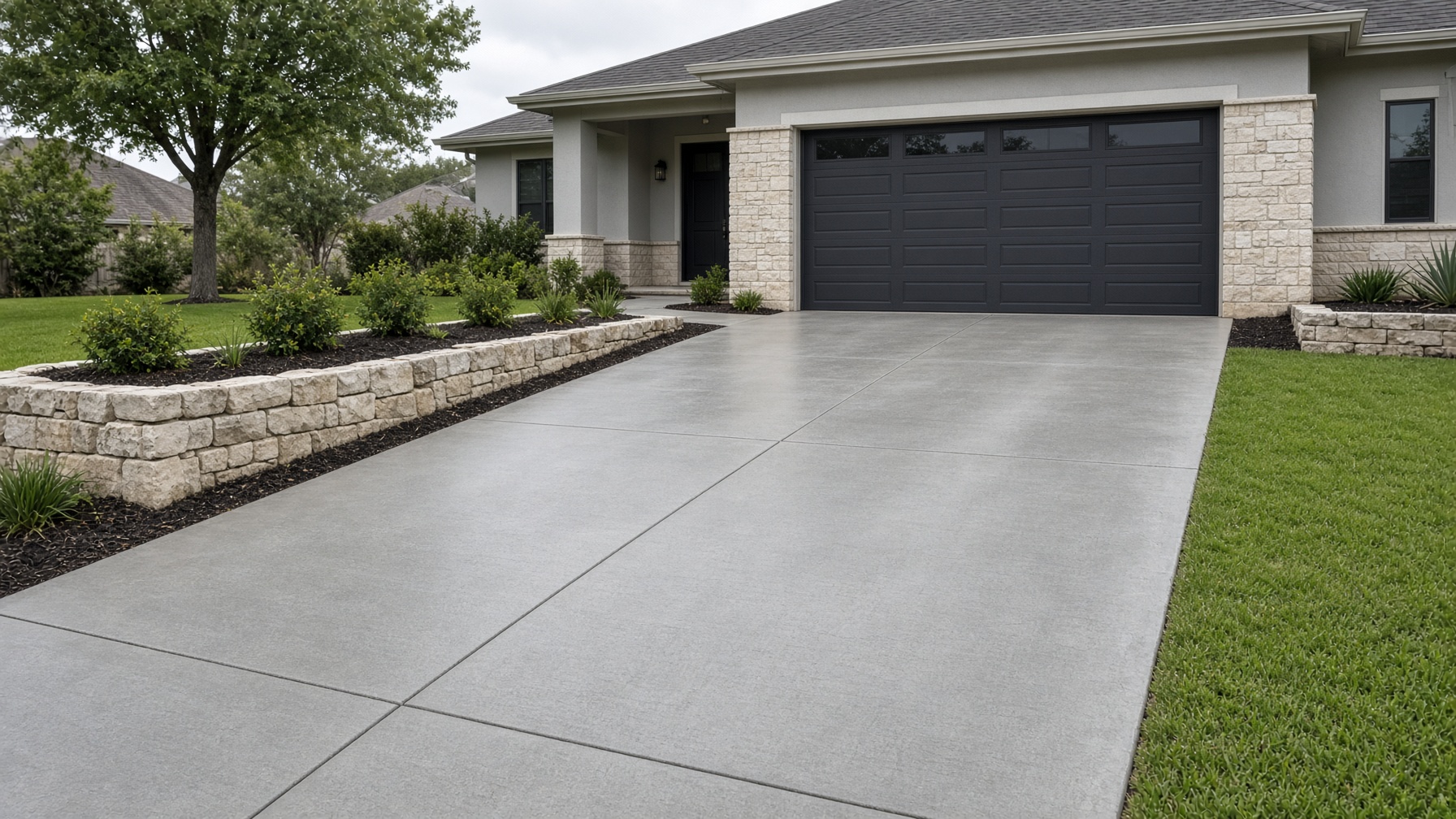Newly poured broom-finished concrete driveway at a San Antonio home with clean control joints