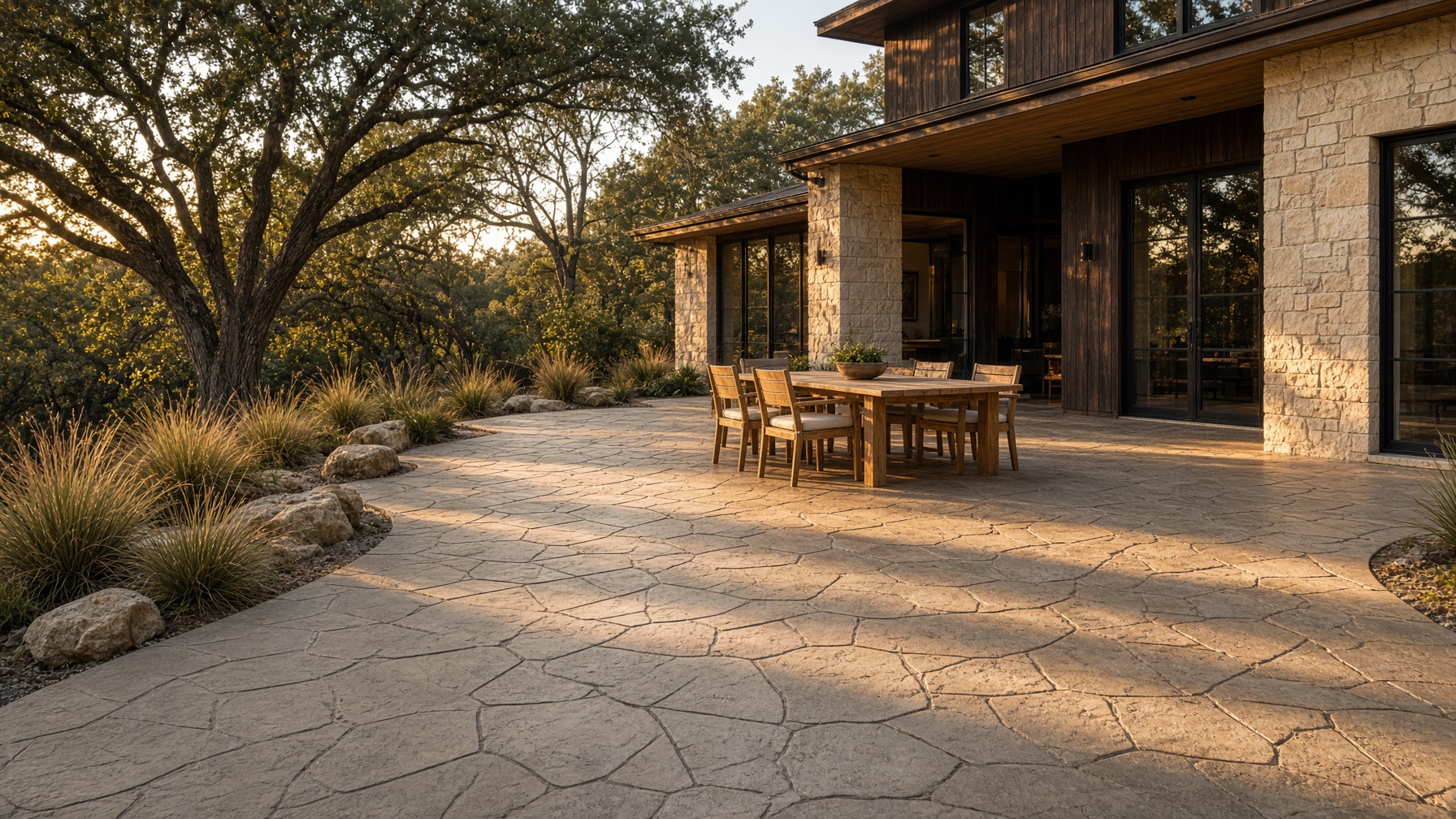 Stamped flagstone concrete patio behind a limestone Texas Hill Country home