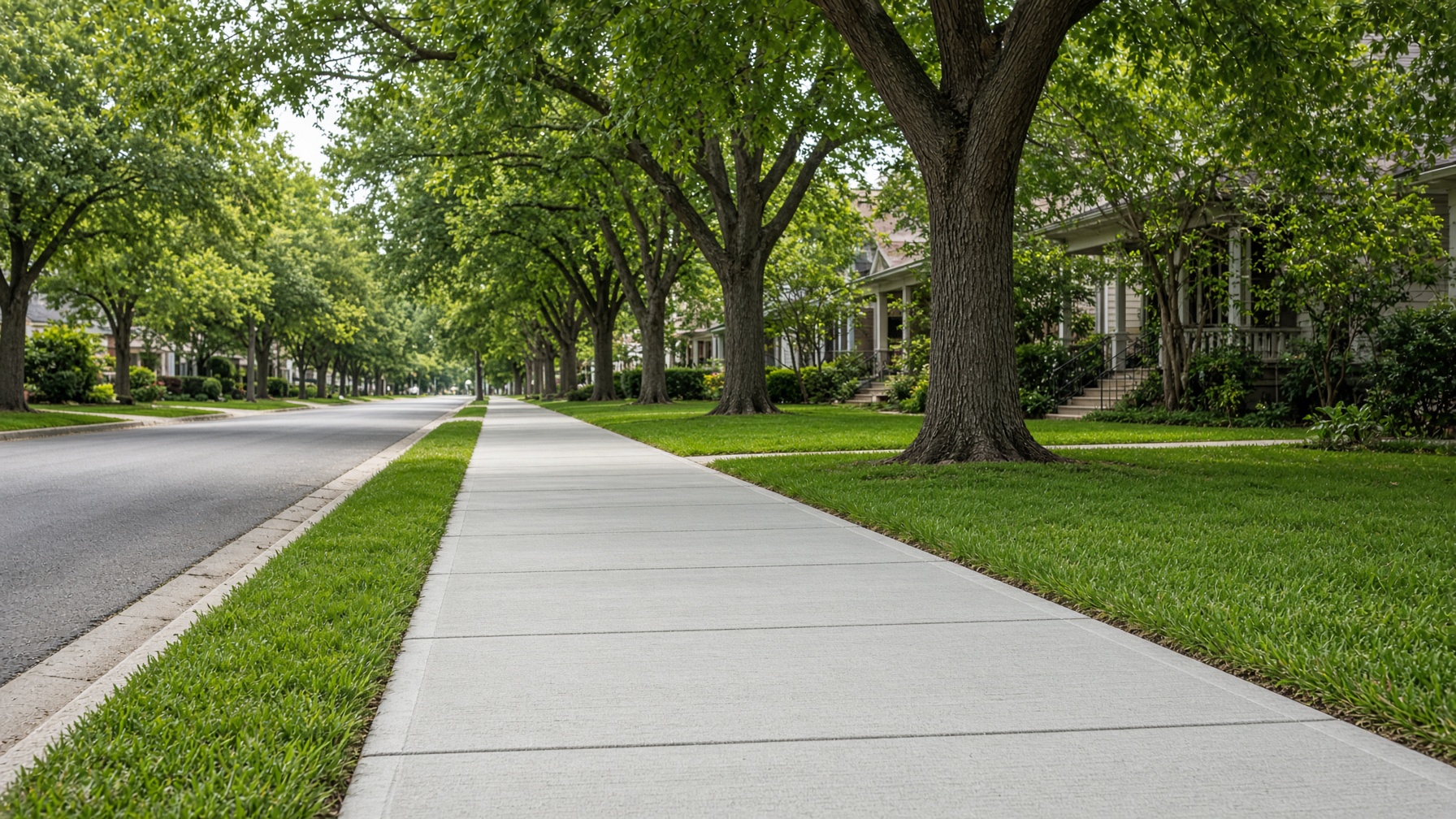 New residential sidewalk along a tree-lined street