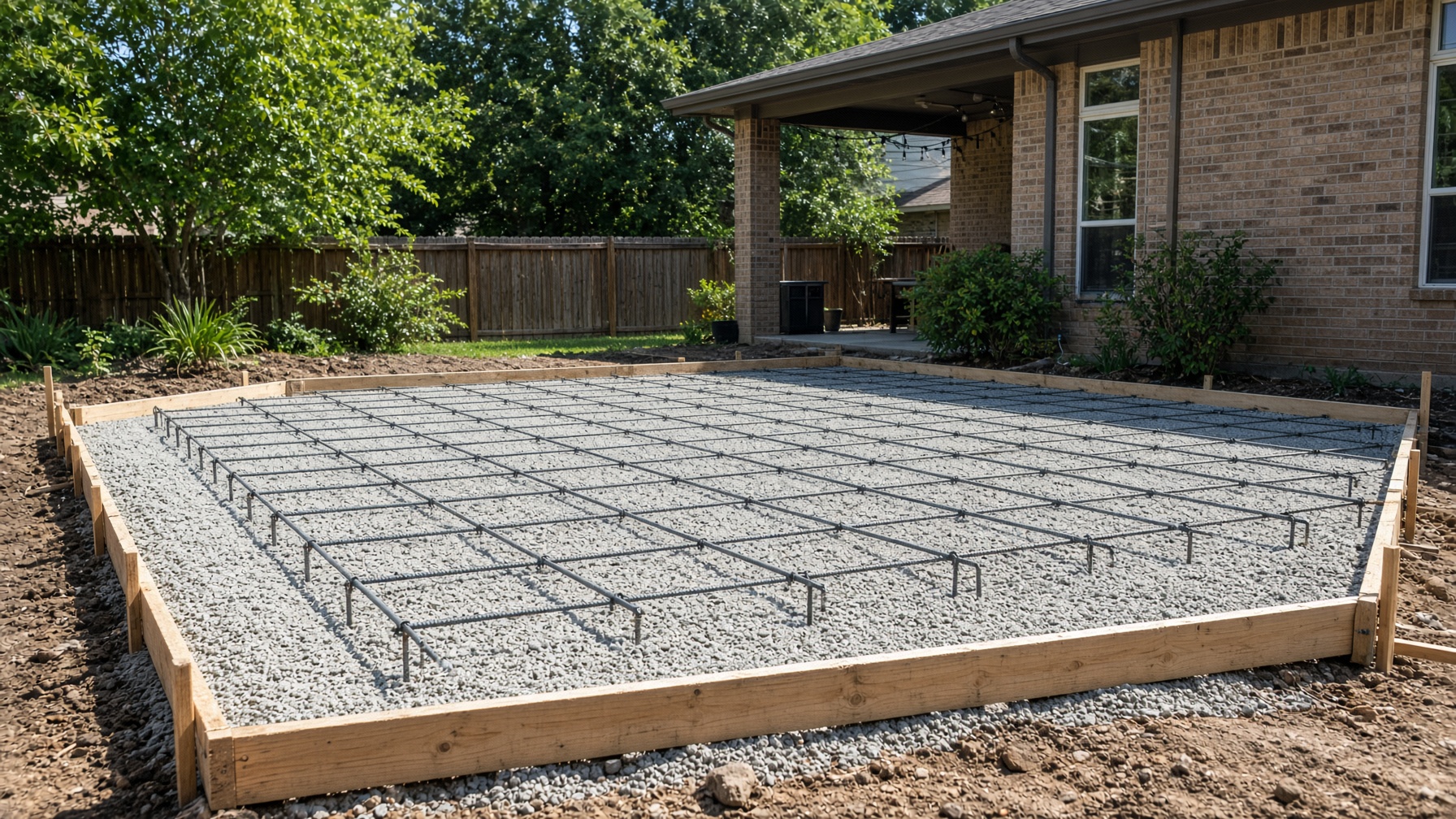 Compacted crushed limestone base, wooden forms, and rebar prepared for a residential concrete patio pour