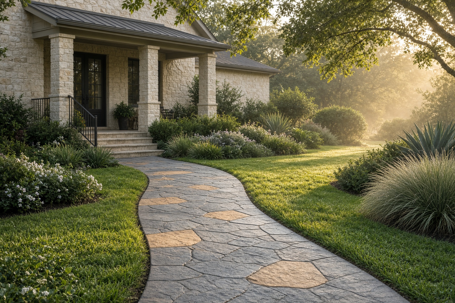 Curved stamped walkway to a limestone house